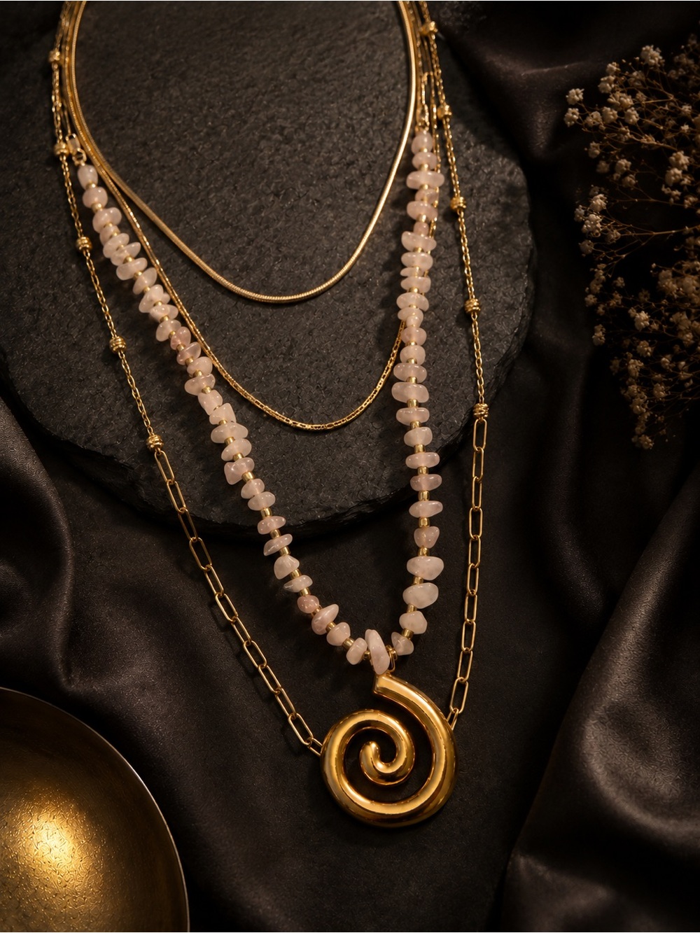 Gold tone Spiral Pendant Necklace with Rose Quartz Beads - Picture 3 of 4